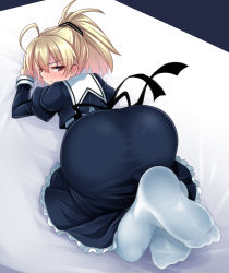 Rule 34 | 1girl, absurdres, ahoge, all fours, andou tazusa, arm support, arm up, ass, assault lily, bed sheet, black ribbon, black skirt, blonde hair, blue background, closed mouth, cropped jacket, feet up, frilled skirt, frills, from above, from behind, full body, glaring, hair between eyes, hair ribbon, high-waist skirt, high ponytail, highres, juliet sleeves, long sleeves, looking at viewer, looking back, no shoes, pantyhose, ponytail, puffy sleeves, red eyes, ribbon, school uniform, short hair, skirt, soles, solo, sweatdrop, top-down bottom-up, v-shaped eyebrows, white pantyhose, yunodon (sugar maple), yurigaoka girls academy school uniform