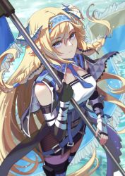 Rule 34 | 1girl, arknights, black gloves, blonde hair, blue eyes, blue hairband, blue necktie, closed mouth, dragon girl, dragon horns, elbow gloves, fingerless gloves, flag, gloves, hairband, highres, holding, holding flag, horns, long hair, looking at viewer, memetaroh, necktie, pointy ears, saileach (arknights), solo, thighhighs