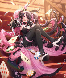 1girl animal_ears black_eyes black_gloves black_hair bow bowtie breasts card casino commentary gloves gouhou_batsuko indie_virtual_youtuber leotard long_hair looking_at_viewer mikami_nacaba pink_eyes pink_hair playboy_bunny rabbit_ears sitting sitting_on_stairs stairs very_long_hair virtual_youtuber