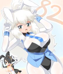 Rule 34 | 2girls, :d, ?, @ @, adapted costume, animal ear fluff, animal ears, black hair, black leotard, blue necktie, blue vest, blush, bodysuit, bow, bowtie, breasts, cleavage, collar, commentary request, cowboy shot, detached collar, dutch angle, emperor penguin (kemono friends), fake animal ears, grey eyes, hair between eyes, hair over one eye, headphones, heart, highres, kemono friends, large breasts, leotard, lets0020, lion ears, lion girl, long bangs, long hair, looking at viewer, medium bangs, multicolored hair, multiple girls, navel, necktie, numbered, open mouth, orange hair, plaid necktie, playboy bunny, plunging neckline, rabbit ears, rabbit pose, red bow, red bowtie, short hair, smile, solo focus, strapless, streaked hair, vest, white bodysuit, white collar, white hair, white leotard, white lion (kemono friends)