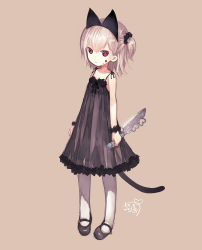 Rule 34 | 1girl, :&lt;, animal ears, bare shoulders, black dress, blood, blood on face, capriccio, cat ears, cat tail, dress, full body, hibanar, kaburi chiko, knife, long sleeves, looking at viewer, mary janes, original, pantyhose, red eyes, shoes, short hair, side ponytail, silver hair, simple background, solo, tail, white pantyhose
