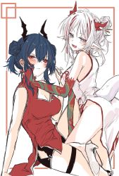Rule 34 | 2girls, an fyhx, arknights, arm tattoo, black shorts, blue hair, blush, breasts, ch&#039;en (ageless afterglow) (arknights), ch&#039;en (arknights), china dress, chinese clothes, cleavage, cleavage cutout, clothing cutout, colored skin, double bun, dragon girl, dragon horns, dragon tail, dress, fang, hair between eyes, hair bun, high heels, highres, horns, large breasts, multicolored hair, multiple girls, nian (arknights), nian (unfettered freedom) (arknights), official alternate costume, open mouth, purple eyes, red dress, red eyes, red hair, red skin, short shorts, shorts, single hair bun, sleeveless, sleeveless dress, streaked hair, sweat, tail, tattoo, thigh strap, white dress, white footwear, white hair