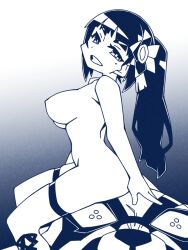 Rule 34 | 1girl, aoi ch., breasts, cannsk, commentary request, flower, from side, fuji aoi, greyscale, hair flower, hair ornament, large breasts, looking at viewer, mole, mole under eye, monochrome, nipples, nude, ponytail, sitting, solo, thigh strap, virtual youtuber
