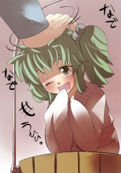 Rule 34 | 1girl, bucket, commentary request, gaoo (frpjx283), green eyes, green hair, hair bobbles, hair ornament, head pat, hetero, highres, in bucket, in container, kisume, one eye closed, open mouth, headpat, short hair, smile, solo focus, touhou, twintails, wink