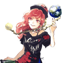 Rule 34 | 1girl, black shirt, blouse, chain, earth (ornament), fingernails, hat, hecatia lapislazuli, kayako (tdxxxk), long hair, moon (ornament), multicolored clothes, multicolored skirt, off shoulder, pale skin, parted lips, red eyes, red hair, shirt, skirt, smile, solo, t-shirt, touhou, white background