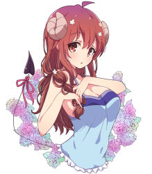 Rule 34 | 1girl, blue shirt, breasts, cleavage, curled horns, dated, demon girl, demon horns, demon tail, flower, highres, horns, large breasts, long hair, looking at viewer, machikado mazoku, mel (melty pot), red eyes, red hair, red ribbon, ribbon, shirt, simple background, sleeveless, sleeveless shirt, solo, tail, tail ornament, tail ribbon, white background, yoshida yuuko (machikado mazoku)