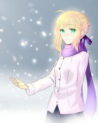 Rule 34 | 1girl, ahoge, artoria pendragon (all), artoria pendragon (fate), blonde hair, blue skirt, fate/stay night, fate (series), green eyes, highres, official alternate costume, purple scarf, saber (fate), scarf, skirt, snowflakes, solo, wonton