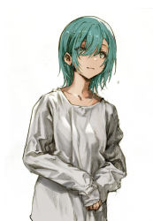 Rule 34 | 1girl, absurdres, alternate hairstyle, aqua hair, bang dream!, closed mouth, collarbone, green eyes, grey shirt, hair between eyes, hair down, highres, hikawa hina, light smile, long sleeves, looking away, medium hair, own hands together, shirt, simple background, sleeves past wrists, solo, standing, upper body, veerinly, water drop, wet, wet hair, white background