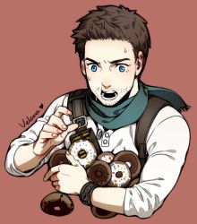 Rule 34 | 1boy, anderain, bandana, bandolier, blue eyes, brown hair, doughnut, facial hair, food, highres, male focus, nathan drake, signature, solo, spill, spilling, stubble, uncharted, uncharted 3