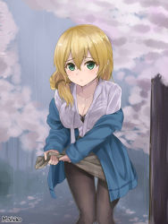 Rule 34 | 1girl, black bra, black pantyhose, blonde hair, blue jacket, blush, bra, breasts, cleavage, ellen baker, green eyes, hair between eyes, hair over shoulder, hair ribbon, jacket, large breasts, leaning forward, long hair, looking at viewer, low ponytail, new horizon, open clothes, open jacket, pantyhose, ponytail, rain, ribbon, scrunchie, shaojiang, shirt, skirt, solo, underwear, wet, wet clothes, wringing clothes
