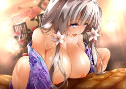 Rule 34 | 1boy, 1girl, alternate costume, azur lane, blue eyes, breasts, flower, grey hair, hair flower, hair ornament, heart, heart-shaped pupils, illustrious (azur lane), japanese clothes, kimono, large breasts, long hair, nipples, open clothes, open kimono, purple kimono, sex, special tan, squatting cowgirl position, symbol-shaped pupils