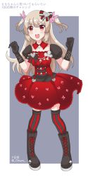 Rule 34 | absurdres, black gloves, boots, rabbit hair ornament, chiem, dress, fang, frills, gloves, hair ornament, hair ribbon, highres, light brown hair, natori sana, open mouth, red dress, red eyes, ribbon, sana channel, simple background, solo, two side up, virtual youtuber