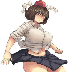 Rule 34 | 1girl, black skirt, breasts, brown hair, chanta (ayatakaoisii), clothes lift, collared shirt, cowboy shot, expressionless, hat, huge breasts, large breasts, looking at viewer, midriff, navel, no panties, open hand, outstretched arm, red eyes, shameimaru aya, shirt, short hair, simple background, skirt, skirt lift, sleeves rolled up, solo, sweatdrop, taut clothes, taut shirt, thick thighs, thighs, tokin hat, touhou, white background, white shirt