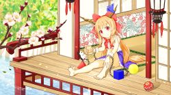 Rule 34 | 1girl, ball, bare legs, barefoot, beans, blonde hair, blue bow, bow, chain, commentary request, day, feet, flower, flower request, hair bow, hand on own leg, highres, holding, horn bow, horns, ibuki suika, leaf, legs, long hair, looking at viewer, mask, masu, object request, oreyutadesu, outdoors, red bow, red eyes, sitting, sleeveless, smile, soles, solo, tatami, toes, touhou, branch, very long hair, water, wrist cuffs
