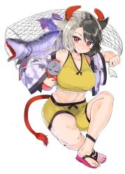 Rule 34 | 1girl, abs, animal ears, animal print, bare shoulders, black hair, blush, breasts, commentary request, cow ears, cow horns, cow print, cow tail, crop top, fish, fishing net, full body, grey hair, haori, holding, horns, japanese clothes, large breasts, long sleeves, looking at viewer, midriff, multicolored hair, navel, off shoulder, puuakachan, red eyes, sandals, short hair, short shorts, shorts, simple background, smile, solo, split-color hair, sports bra, stomach, swept bangs, tail, touhou, two-tone hair, ushizaki urumi, white background, wide sleeves, yellow shorts
