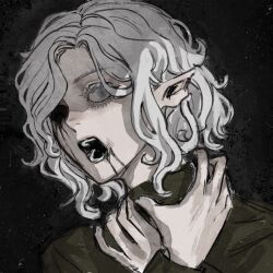 Rule 34 | 1boy, bags under eyes, blood, blood on face, dungeon meshi, elf, grey eyes, grey hair, highres, male focus, missing eye, mithrun, notched ear, pointy ears, qq3375076120, shirt, short hair, solo, tunic, uneven eyes
