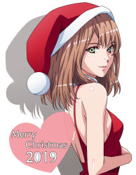 Rule 34 | 1girl, 2019, amano yo-ki, breasts, brown hair, dress, from side, green eyes, hat, highres, looking at viewer, merry christmas, original, red dress, santa hat, shadow, small breasts, solo, upper body