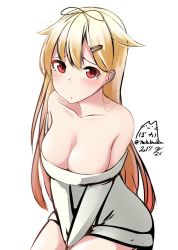 Rule 34 | 1girl, bare shoulders, blush, breasts, brown ribbon, cleavage, closed mouth, collarbone, commentary request, dated, dress, hair flaps, hair ornament, hair ribbon, hairclip, kantai collection, large breasts, long hair, long sleeves, looking at viewer, nekobaka, ribbon, sitting, solo, sweater, sweater dress, tears, twitter username, yuudachi (kancolle), yuudachi kai ni (kancolle)