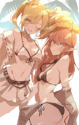 Rule 34 | 2girls, ;d, ahoge, animal ears, arknights, ass, bikini, bikini skirt, black bikini, blonde hair, blush, braid, breasts, cleavage, commentary, cowboy shot, demon horns, dutch angle, e sky rugo, eyelashes, fang, fox ears, hair between eyes, hat, highres, horns, jacket, long hair, looking at viewer, medium breasts, medium hair, midriff, multiple girls, navel, off shoulder, official alternate costume, one eye closed, open clothes, open jacket, open mouth, pointy ears, red eyes, red hair, ribs, rubber duck, side-tie bikini bottom, side braids, sideboob, smile, sora (arknights), sora (summer flowers) (arknights), straw hat, swimsuit, swimsuit cover-up, thighhighs, twin braids, twintails, twisted torso, vigna (arknights), vigna (casual vacation) (arknights), white bikini, white jacket, white legwear, yellow eyes