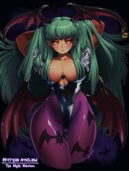 Rule 34 | 1girl, absurdres, armpits, arms behind head, artist name, bat wings, breasts, capcom, cleavage, covered navel, curvy, demon girl, green hair, highres, large breasts, long hair, looking at viewer, makeup, morrigan aensland, solo, thick thighs, thighs, vampire (game), very long hair, wide hips, wings, yellow eyes