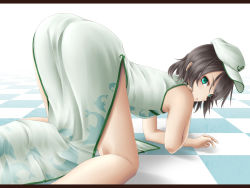 Rule 34 | 1girl, all fours, anchor, ass, bad id, bad pixiv id, black hair, brown hair, china dress, chinese clothes, dolphin, dress, female focus, green eyes, hat, letterboxed, mochi.f, murasa minamitsu, sailor, sailor hat, solo, top-down bottom-up, touhou