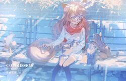 Rule 34 | 1girl, animal ear fluff, animal ears, bag, bench, brown hair, cat, cat ears, cat girl, cat tail, coat, commission, glass, highres, jdge, long hair, open mouth, original, outdoors, scarf, sitting, skeb commission, smile, solo, sunlight, tail, thighhighs, yellow eyes, zettai ryouiki
