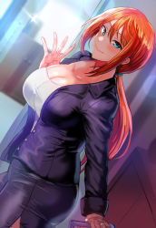Rule 34 | 1girl, black jacket, black skirt, blue eyes, blurry, blurry background, blush, breasts, cleavage, closed mouth, commentary, cowboy shot, daraz, dutch angle, hair between eyes, highres, jacket, jewelry, large breasts, lens flare, long hair, long sleeves, looking at viewer, miniskirt, miyazaki hiyori, open clothes, open jacket, orange hair, pencil skirt, ponytail, ring, shirt, skirt, smile, solo, standing, taut clothes, waving, wedding band, white shirt, yuragisou no yuuna-san