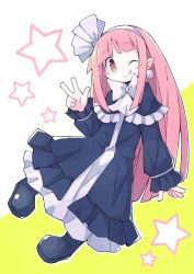 Rule 34 | 1girl, :q, asameshi, black dress, black footwear, blunt bangs, blush stickers, commentary, disgaea, dress, earrings, full body, hair ribbon, hairband, hand up, jewelry, long sleeves, looking at viewer, mage (disgaea), one eye closed, pink eyes, pink hair, pointy ears, ribbon, shoes, smile, solo, star (symbol), tongue, tongue out, w, white hairband, white ribbon