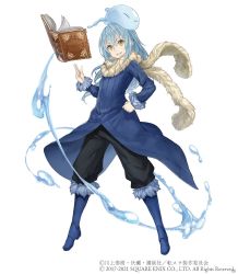 Rule 34 | 1other, blue hair, book, boots, crossover, full body, fur trim, hand on own hip, highres, ji no, long hair, looking at viewer, official art, rimuru tempest, scarf, sinoalice, slime (creature), solo, square enix, tensei shitara slime datta ken, water, white background, yellow eyes