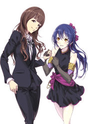 Rule 34 | 10s, 2girls, black bow, black bowtie, black dress, black gloves, blazer, blue hair, blunt bangs, blush, bow, bowtie, brown eyes, brown hair, chilhoo88, collared shirt, dress, earrings, elbow gloves, flower earrings, formal, gloves, hair between eyes, hair ornament, highres, holding hands, jacket, jewelry, long hair, long sleeves, looking at viewer, love live!, love live! school idol project, mimori suzuko, multiple girls, pant suit, pants, polka dot, polka dot bow, polka dot neckwear, real life, sash, shirt, simple background, sleeveless, sleeveless dress, smile, soldier game, sonoda umi, suit, traditional bowtie, voice actor, voice actor connection, white background
