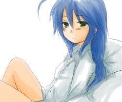 Rule 34 | 00s, 1girl, beni shouga, blue hair, blush, green eyes, izumi konata, long hair, looking at viewer, lowres, lucky star, mole, mole under eye, simple background, sitting, sketch, solo, white background