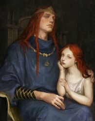 Rule 34 | 1boy, 1girl, blue robe, bracer, braid, crown, dress, elden ring, father and daughter, gold diadem, gold necklace, hand on another&#039;s shoulder, hand on lap, hand on own arm, hand on own chin, head back, highres, jewelry, long hair, looking at viewer, malenia blade of miquella, multiple braids, necklace, on chair, pale skin, parent and child, radagon of the golden order, red hair, robe, sideways glance, sitting, sleeveless, sleeveless dress, sleeves rolled up, the old crane, throne, white dress, yellow eyes