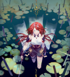 Rule 34 | 1girl, armor, armored dress, bare shoulders, blue eyes, bracer, from above, gem, high-waist skirt, jewelry, lake, long hair, looking at viewer, necklace, original, red hair, ripples, skirt, smile, sword, tassel, wading, water, weapon, yamakawa