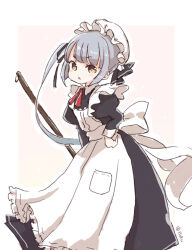 Rule 34 | 1girl, alternate costume, apron, black dress, broom, brown eyes, dress, enmaided, feet out of frame, frilled apron, frills, grey hair, hat, kantai collection, kasumi (kancolle), long hair, long sleeves, maid, miko (35nikomi), mob cap, pocket, side ponytail, solo, two-tone background, white background
