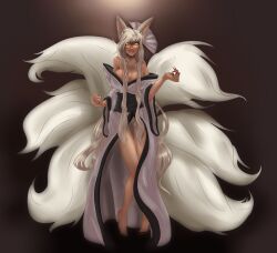 Rule 34 | 1girl, animal ears, barefoot, bike shorts, black obi, breasts, cleavage, clothing request, contrapposto, dark-skinned female, dark background, dark skin, facial mark, facing viewer, female focus, fingernails, fox ears, fox tail, grey hair, japanese clothes, kitsune, large breasts, long fingernails, long hair, looking at viewer, malberrybush, multiple tails, nail polish, no bra, non-web source, nose, obi, off shoulder, pigeon-toed, red nails, sash, sidelocks, slit pupils, smile, solo, standing, tail, very long hair, whisker markings, yellow eyes