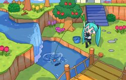 Rule 34 | 1girl, 1nupool, animal crossing, aqua eyes, aqua hair, bridge, bucket, cherry, day, detached sleeves, fish, fishing, fishing rod, flower, food, fruit, grass, hatsune miku, highres, holding, holding fishing rod, long hair, nintendo, open mouth, outdoors, pink flower, ramp, ripples, river, rock, solo, spring onion, standing, stick, tree, tulip, twintails, very long hair, vocaloid, water, waterfall, yellow flower
