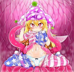 Rule 34 | 1girl, :3, american flag, american flag bikini, american flag print, american flag shirt, bikini, blonde hair, blue panties, blush, closed mouth, clownpiece, consensual tentacles, flag print, hands up, hat, heart, heart-shaped pupils, highres, jester cap, looking at viewer, navel, panties, print bikini, print shirt, red eyes, sitting, smile, solo, sweat, swimsuit, symbol-shaped pupils, tentacle pit, tentacles, tentacles under clothes, touhou, underwear, yassy