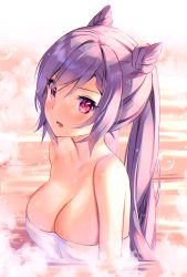 Rule 34 | 1girl, bare shoulders, bath, blush, breasts, cleavage, commentary request, cone hair bun, genshin impact, hair between eyes, hair bun, keqing (genshin impact), long hair, looking at viewer, medium breasts, naked towel, nami (nyaa), open mouth, partially submerged, purple hair, red eyes, sidelocks, solo, steam, towel, twintails, v-shaped eyebrows, very long hair, water