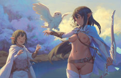 Rule 34 | 2girls, :d, bigrbear, bird, black hair, blue cape, breasts, cape, cleft of venus, elf, highres, long hair, medium breasts, multiple girls, nipples, open mouth, original, outdoors, owl, pointy ears, pussy, smile, snowy owl, thighhighs, uncensored, white cape, white legwear