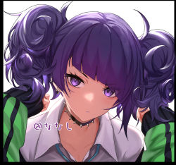 Rule 34 | 1girl, blouse, choker, closed mouth, collared shirt, diagonal bangs, highres, idolmaster, idolmaster shiny colors, jacket, lipstick, looking at viewer, makeup, purple eyes, purple hair, purple lips, shirt, simple background, solo, spiked choker, spikes, tanaka mamimi, twintails, ulrich (tagaragakuin), upper body, white background, white shirt, wing collar