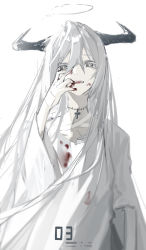Rule 34 | 1girl, absurdres, bandages, bandaid, bandaid on hand, blood, blood on clothes, blood on face, blood on hands, book, cross, fangs, grey eyes, grey hair, highres, horns, long hair, open mouth, original, qtian, simple background, solo, stitches, teeth, white background, wide sleeves