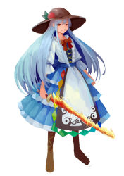 Rule 34 | 1girl, blue hair, boots, dress, faux traditional media, food, fruit, full body, hat, highres, hinanawi tenshi, knee boots, layered dress, leaf, long hair, looking at viewer, peach, red eyes, ribbon, short sleeves, simple background, smile, solo, sword of hisou, touhou, very long hair, white background, yuren