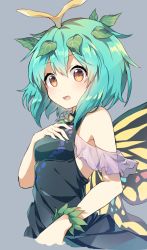 Rule 34 | 1girl, antennae, aqua hair, bare arms, bare shoulders, black dress, blush, breasts, butterfly wings, commentary request, cropped torso, dress, eternity larva, grey background, hair between eyes, hand on own chest, hand up, highres, insect wings, kaoling, leaf, leaf on head, looking at viewer, open mouth, short hair, sideboob, simple background, sleeveless, sleeveless dress, small breasts, touhou, upper body, wings, yellow eyes