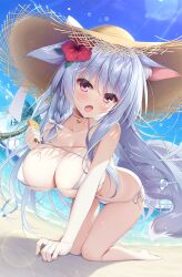 Rule 34 | 1girl, all fours, animal ear fluff, animal ears, bare shoulders, barefoot, beach, bell, bikini, blue sky, blush, braid, breasts, choker, cleavage, collarbone, day, flower, fox ears, fox girl, fox tail, hair flower, hair ornament, hat, hibiscus, highres, holding, jingle bell, large breasts, light purple hair, long hair, looking at viewer, lotion, neck bell, ocean, open mouth, original, outdoors, pouring, red eyes, red flower, side braid, sidelocks, sky, solo, straw hat, sun hat, swimsuit, tail, thighs, very long hair, water drop, wet, white bikini, yatanukikey