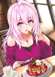 Rule 34 | 1girl, bare shoulders, blueberry, blush, breasts, cappuccino, chain, clothing cutout, coffee mug, collarbone, commentary request, cu-no, cup, day, dress, dutch angle, eating, food, fork, fruit, hair between eyes, hisen kaede, holding, holding fork, holding knife, ice cream, indoors, jewelry, knife, large breasts, long hair, long sleeves, looking at viewer, mug, open mouth, pancake, pancake stack, pendant, pink hair, plate, purple dress, purple eyes, saucer, shoulder cutout, single hair intake, sitting, solo, strawberry, sunlight, table, window, yayoi sakura