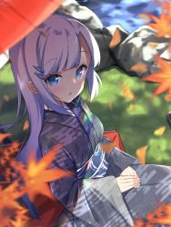 Rule 34 | 1girl, autumn leaves, blue eyes, blurry, blurry background, blurry foreground, blush, commentary request, copyright request, day, depth of field, egasumi, grey kimono, hair ornament, hairclip, highres, japanese clothes, kimono, leaf, long hair, long sleeves, looking at viewer, maple leaf, mimura zaja, obi, oil-paper umbrella, outdoors, parted bangs, parted lips, print kimono, red umbrella, sash, silver hair, sitting, sleeves past wrists, solo, umbrella, very long hair, virtual youtuber, water, wide sleeves