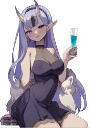 Rule 34 | 1girl, arm behind back, bare shoulders, black dress, blush, breasts, champagne flute, cleavage, cowboy shot, cup, dress, drinking glass, earrings, empty eyes, fang, from side, halterneck, head tilt, horns, jewelry, large breasts, light purple hair, long hair, looking at viewer, mole, mole under mouth, multicolored hair, nijisanji, oni, pink eyes, pointy ears, rindou mikoto, seinen, short dress, single earring, single sidelock, sitting, skin-covered horns, skin fang, sleeveless, sleeveless dress, smile, solo, streaked hair, virtual youtuber