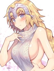 Rule 34 | 1girl, alternate costume, backless dress, backless outfit, bad id, bad pixiv id, bare shoulders, blonde hair, blue eyes, blush, braid, breasts, dress, embarrassed, fate/apocrypha, fate/grand order, fate (series), g.t, halterneck, headpiece, jeanne d&#039;arc (fate), jeanne d&#039;arc (ruler) (fate), large breasts, long hair, looking at viewer, meme attire, naked sweater, sideboob, single braid, solo, sweater, sweater dress, turtleneck, turtleneck sweater, upper body, virgin killer sweater