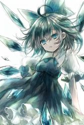 Rule 34 | 1girl, ahoge, blue dress, blue eyes, blue hair, blue ribbon, breasts, cirno, commentary request, cowboy shot, dress, frilled shirt collar, frills, hair between eyes, highres, ice, ice wings, looking at viewer, maho moco, messy hair, neck ribbon, parted lips, petticoat, puffy short sleeves, puffy sleeves, ribbon, short hair, short sleeves, simple background, sketch, small breasts, solo, tears, touhou, white background, wings