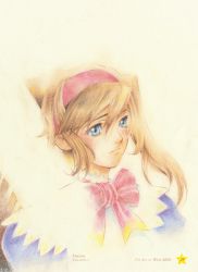 Rule 34 | 1girl, artbook, blonde hair, blue eyes, blush, bow, bowtie, character name, concept art, copyright name, english text, frown, hairband, official art, ooba wakako, portrait, red bow, red bowtie, red hairband, short hair, simple background, solo, traditional media, upper body, virginia maxwell, white background, wild arms, wild arms 3, yellow background